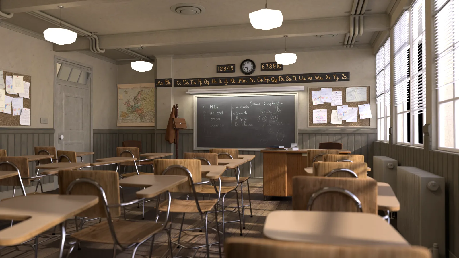 The classroom render as it came out of Blender