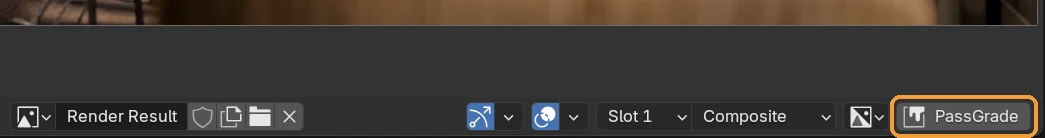 The header of Blender's render window: Render Result, Slot 1, Composite, and the PassGrade button at its right end, circled